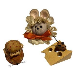 Mouse Themed Magnets Lot Of 3 Fabric Wooden & Walnut Shell Mouse